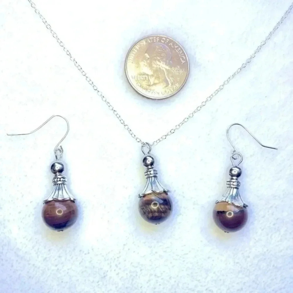 Authentic Tiger Eye 925 Silver Necklace & Earrings Set